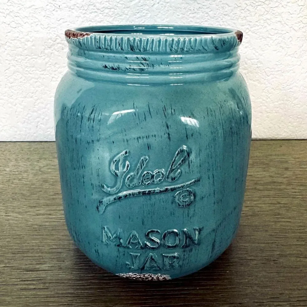Turquoise Ceramic Mason Jar Planter Vase